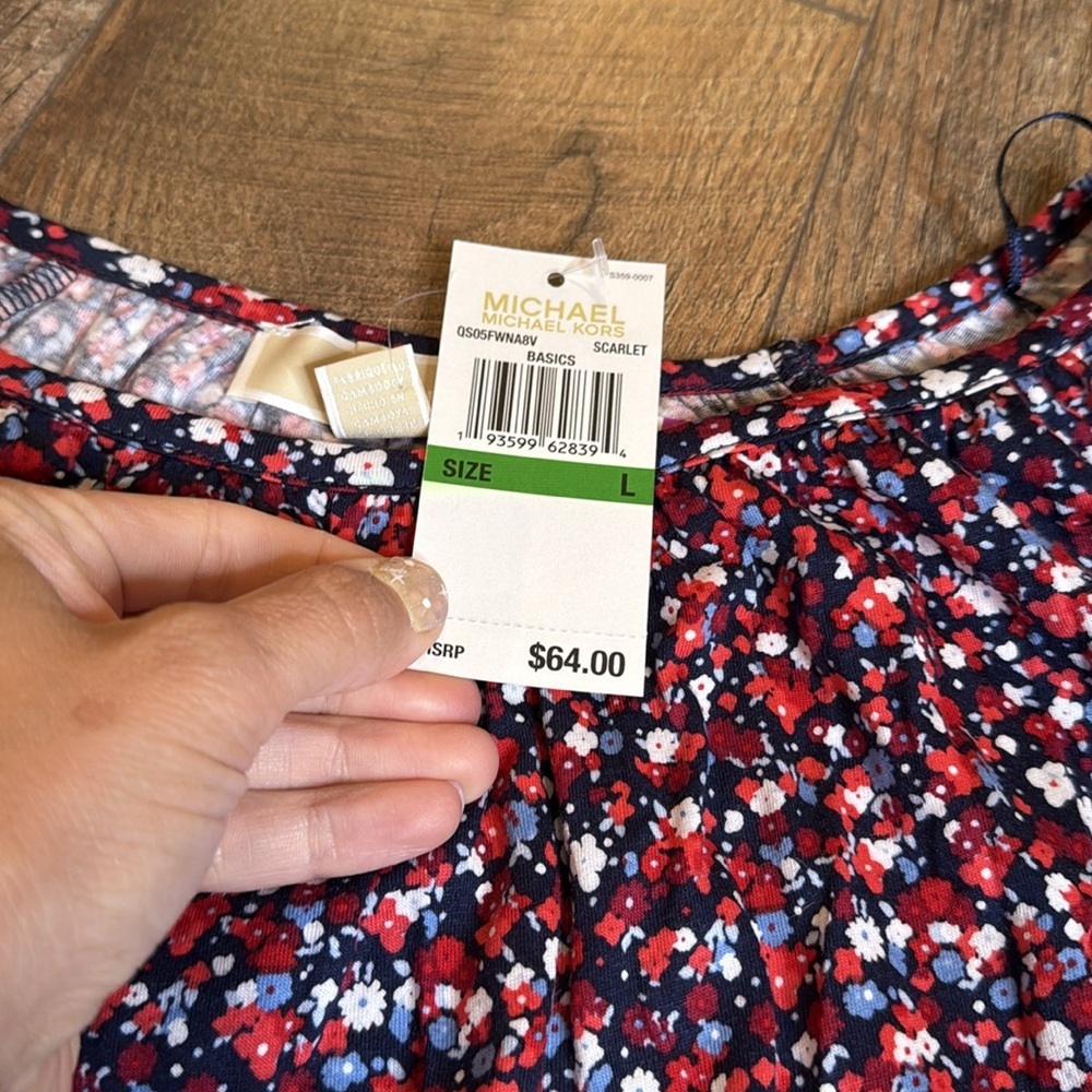 Michael kors red white blue floral bell sleeve top size large new - Picture 6 of 10